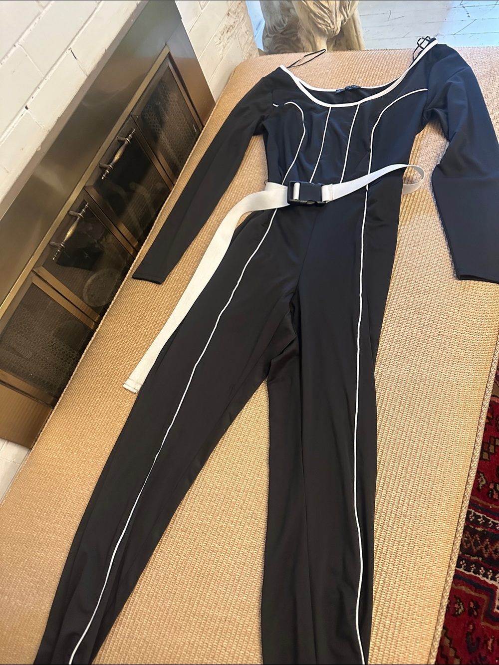 💜#70 NewFashion to Figure Black Long-Sleeve Jumpsuit with White Piping and Belt